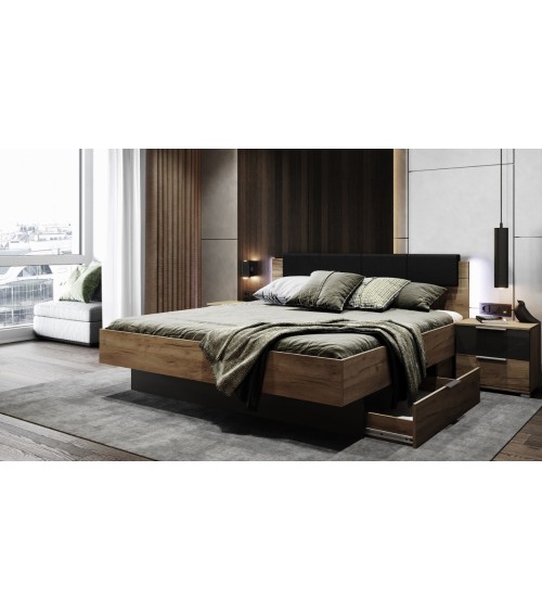 LIT LUNA avec tiroirs de rangement et chevets posés160x200 cm Lave mat et chêne clair