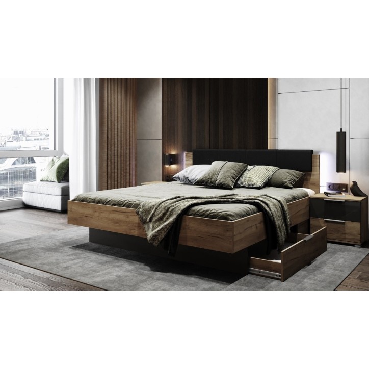 LIT LUNA avec tiroirs de rangement et chevets 180x200 cm Lave mat et chêne clair