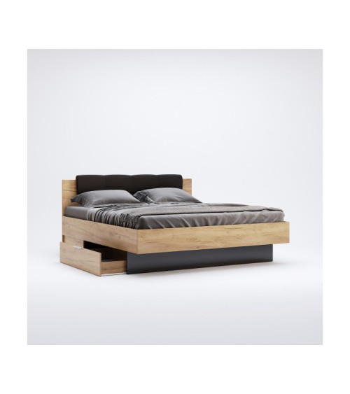 LIT LUNA avec tiroirs de rangement et chevets 180x200 cm Lave mat et chêne clair