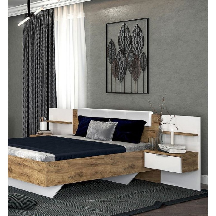 LIT ASTO avec chevets suspendus, blanc laqué et chêne clair 180x200 cm LIT ASTO avec chevets suspendus, blanc laqué et chêne clair 180x200 cm