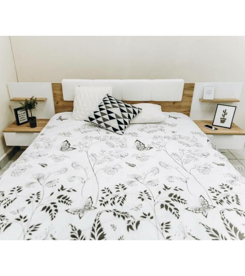 LIT  ASTO avec chevets suspendus,  blanc laqué et chêne clair 180x200 cm