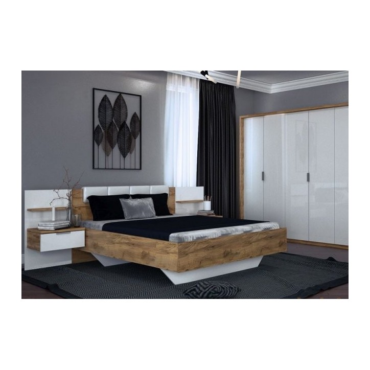 LIT ASTO avec chevets suspendus, blanc laqué et chêne clair 180x200 cm LIT ASTO avec chevets suspendus, blanc laqué et chêne clair 180x200 cm