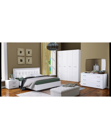 Cama de quarto BELLA branca completa + 2 mesas de cabeceira + cómoda + roupeiro
