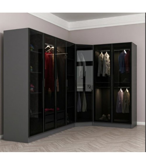 Armoire d'angle dressing anthracite en L avec leds