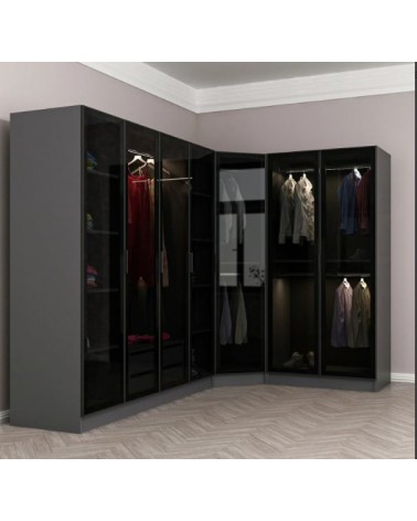 Armoire d'angle dressing anthracite en L avec leds
