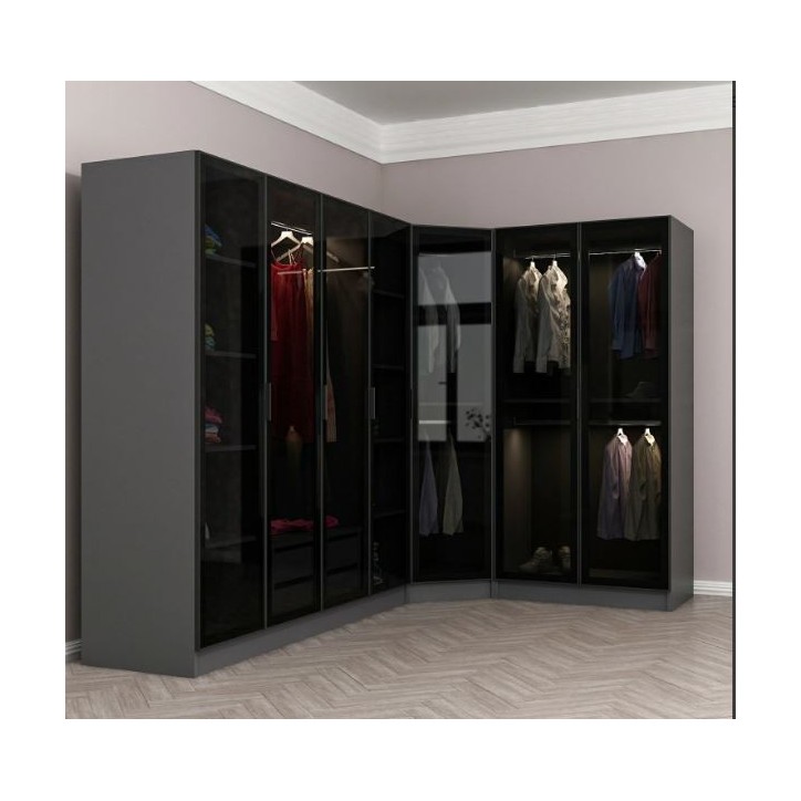 Armoire d'angle dressing anthracite en L avec leds
