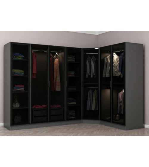 Armoire d'angle dressing anthracite en L avec leds