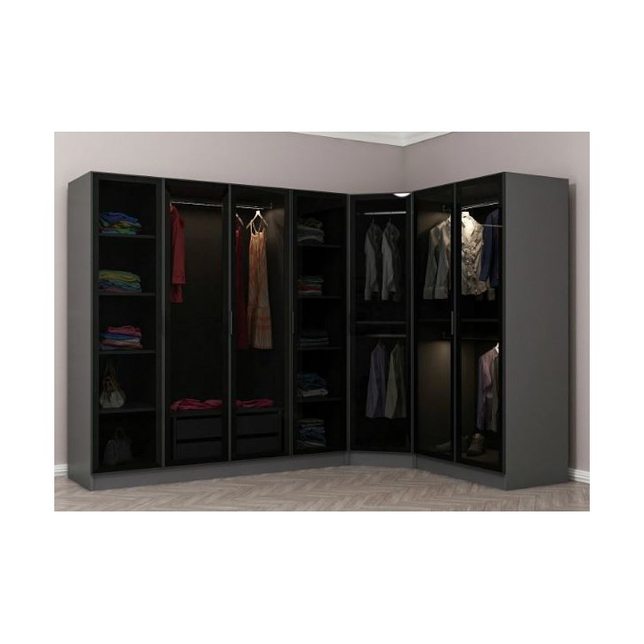 Armoire d'angle dressing anthracite en L avec leds
