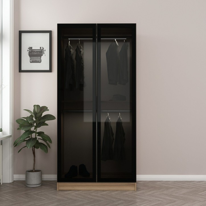 Armoire avec 2 portes verre fumé, noyer doré/noir 90 x 210 cm