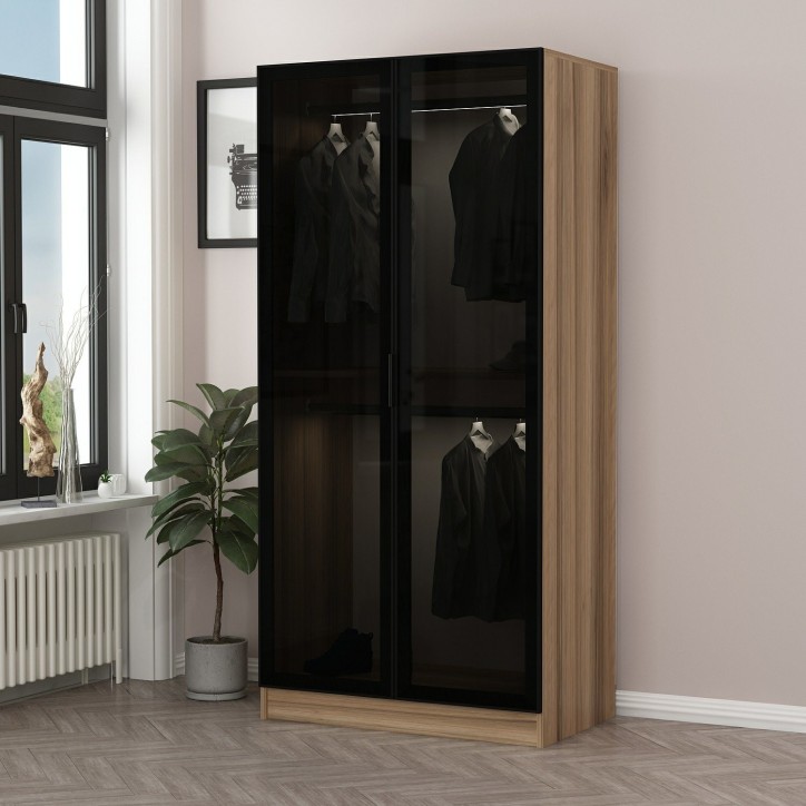 Armoire avec 2 portes verre fumé, noyer doré/noir 90 x 210 cm