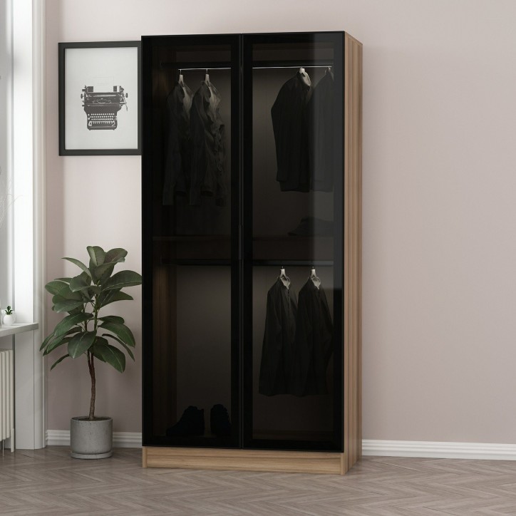 Armoire avec 2 portes verre fumé, noyer doré/noir 90 x 210 cm