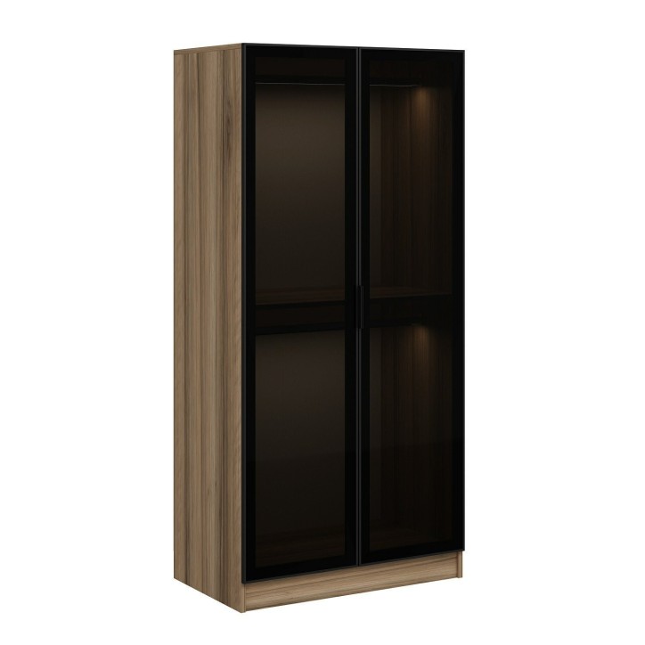 Armoire avec 2 portes verre fumé, noyer doré/noir 90 x 210 cm
