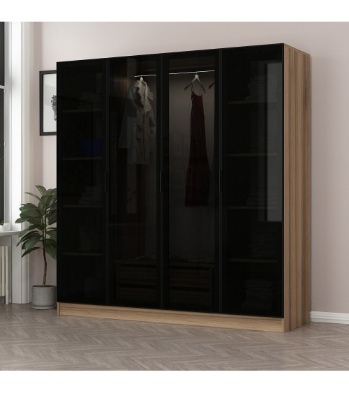 Armoire avec 4 portes en verre fumé, noyer doré/noir 180 x 210 cm