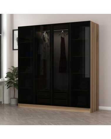Armoire avec 4 portes en verre fumé, noyer doré/noir 180 x 210 cm