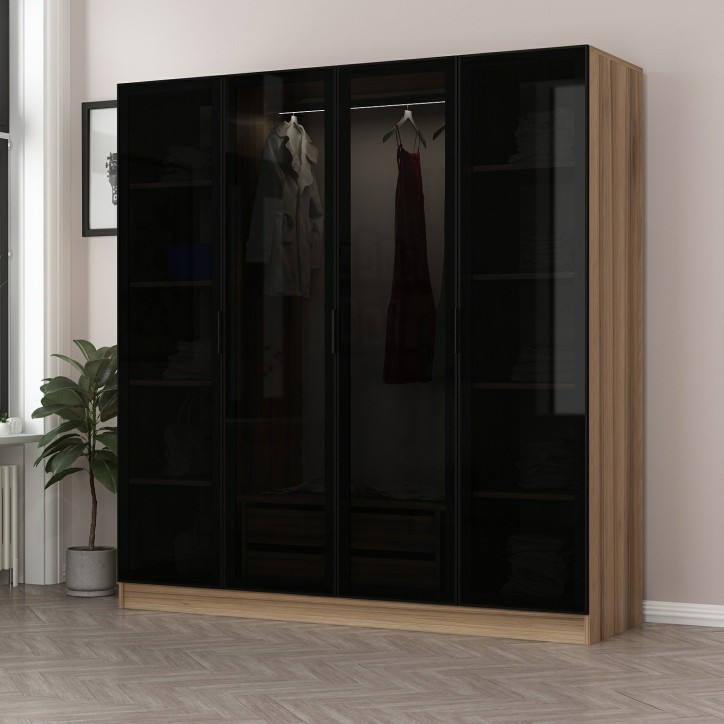 Armoire avec 4 portes en verre fumé, noyer doré/noir 180 x 210 cm