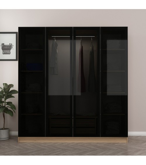 Armoire avec 4 portes en verre fumé, noyer doré/noir 180 x 210 cm