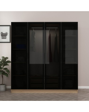 Armoire avec 4 portes en verre fumé, noyer doré/noir 180 x 210 cm