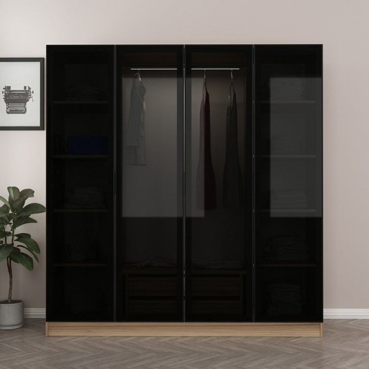 Armoire avec 4 portes en verre fumé, noyer doré/noir 180 x 210 cm