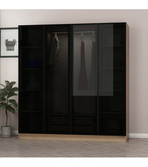 Armoire avec 4 portes en verre fumé, noyer doré/noir 180 x 210 cm