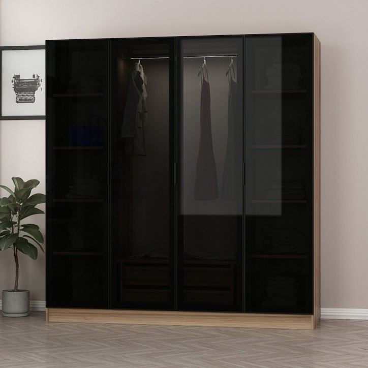 Armoire avec 4 portes en verre fumé, noyer doré/noir 180 x 210 cm