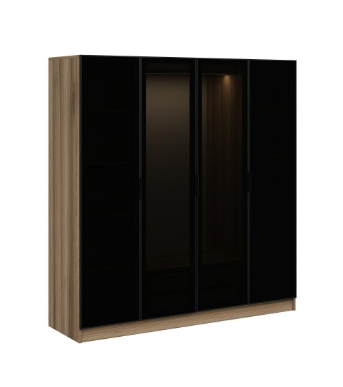 Armoire avec 4 portes en verre fumé, noyer doré/noir 180 x 210 cm