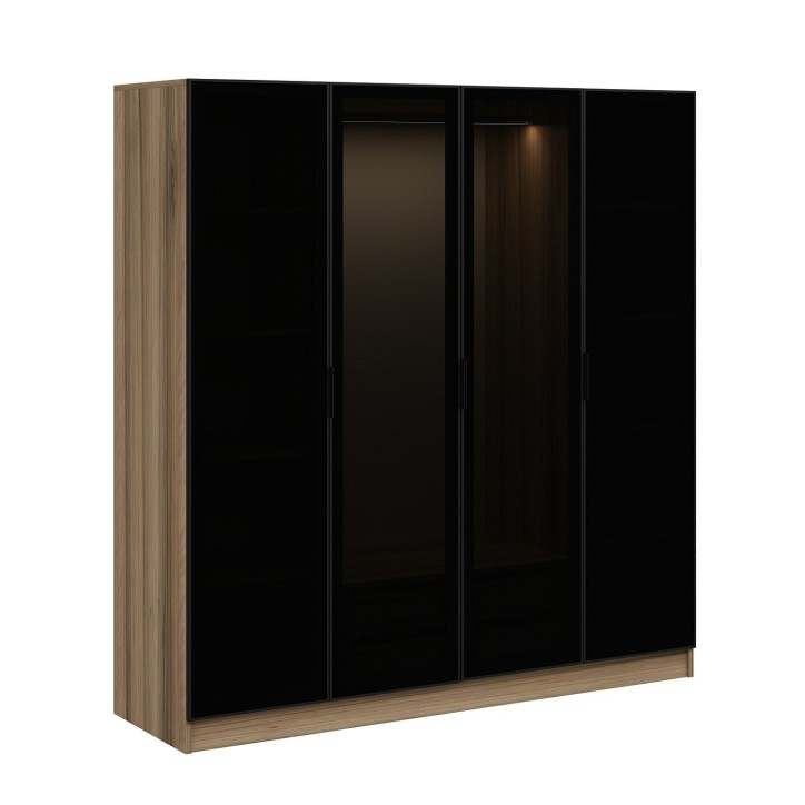 Armoire avec 4 portes en verre fumé, noyer doré/noir 180 x 210 cm