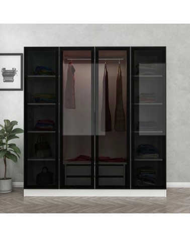 Armoire avec 4 portes en verre fumé, blanc/noir 180 x 210 cm