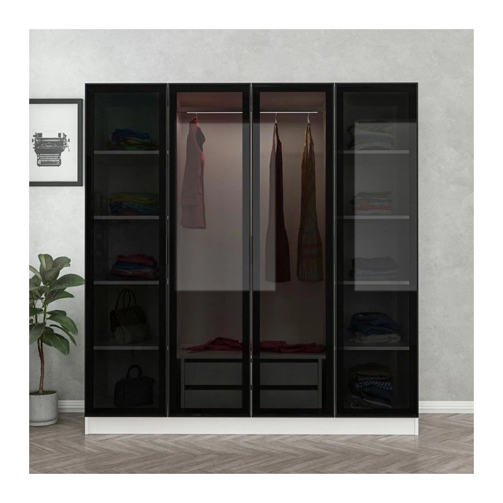 Armoire avec 4 portes en verre fumé, blanc/noir 180 x 210 cm