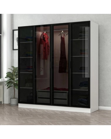 Armoire avec 4 portes en verre fumé, blanc/noir 180 x 210 cm
