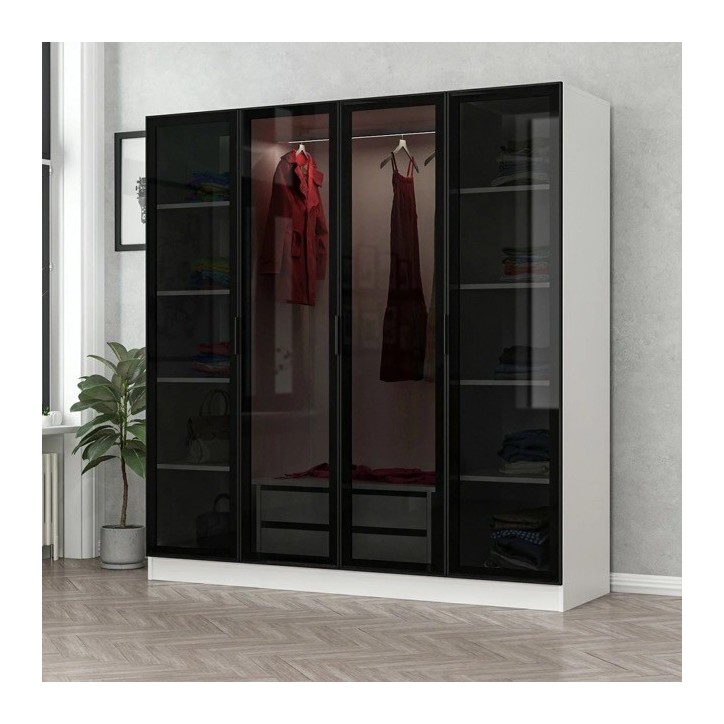Armoire avec 4 portes en verre fumé, blanc/noir 180 x 210 cm