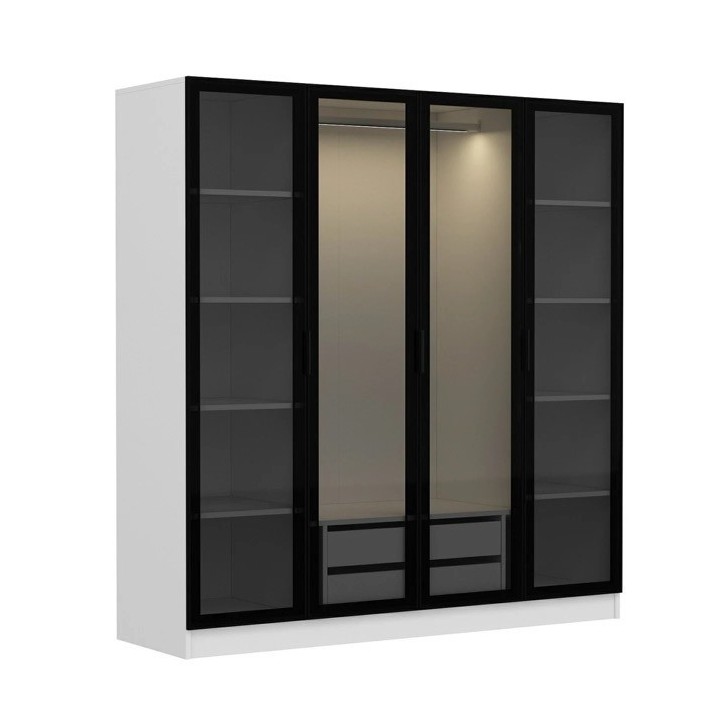 Armoire avec 4 portes en verre fumé, blanc/noir 180 x 210 cm