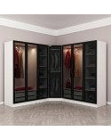 Armoire d'angle avec 7 portes en verre fumé, blanc/noir 440 x 210 cm