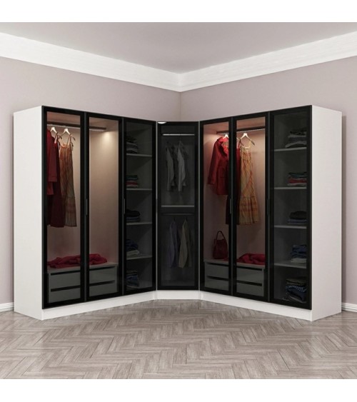 Armoire d'angle avec 7 portes en verre fumé, blanc/noir 440 x 210 cm