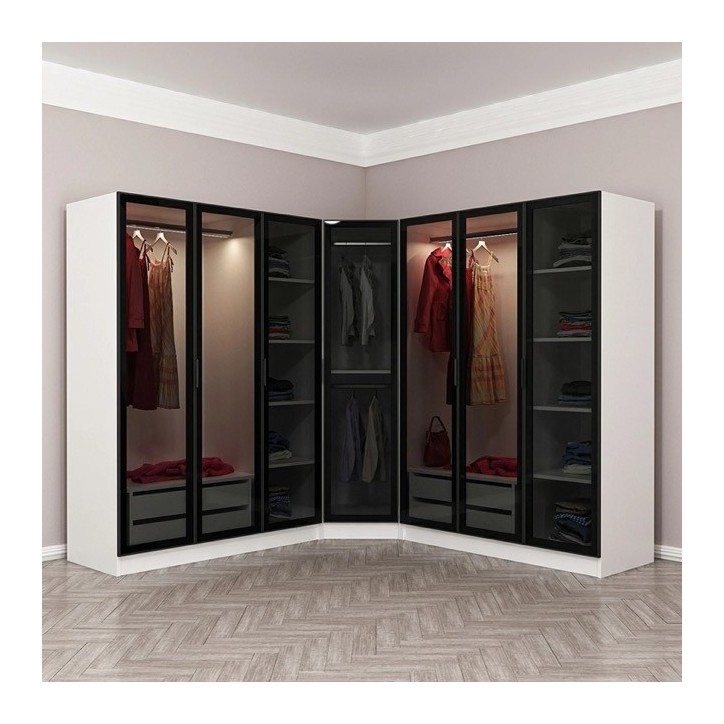 Armoire d'angle avec 7 portes en verre fumé, blanc/noir 440 x 210 cm