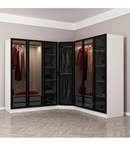 Armoire d'angle avec 7 portes en verre fumé, blanc/noir 440 x 210 cm