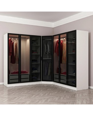 Armoire d'angle avec 7 portes en verre fumé, blanc/noir 440 x 210 cm