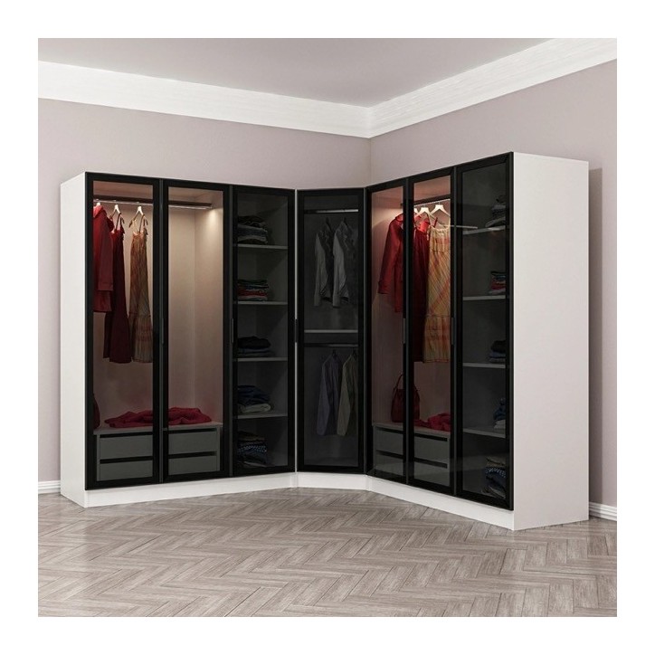 Armoire d'angle avec 7 portes en verre fumé, blanc/noir 440 x 210 cm