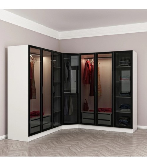 Armoire d'angle avec 7 portes en verre fumé, blanc/noir 440 x 210 cm
