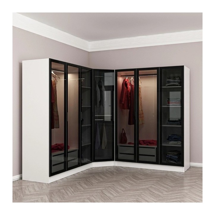 Armoire d'angle avec 7 portes en verre fumé, blanc/noir 440 x 210 cm