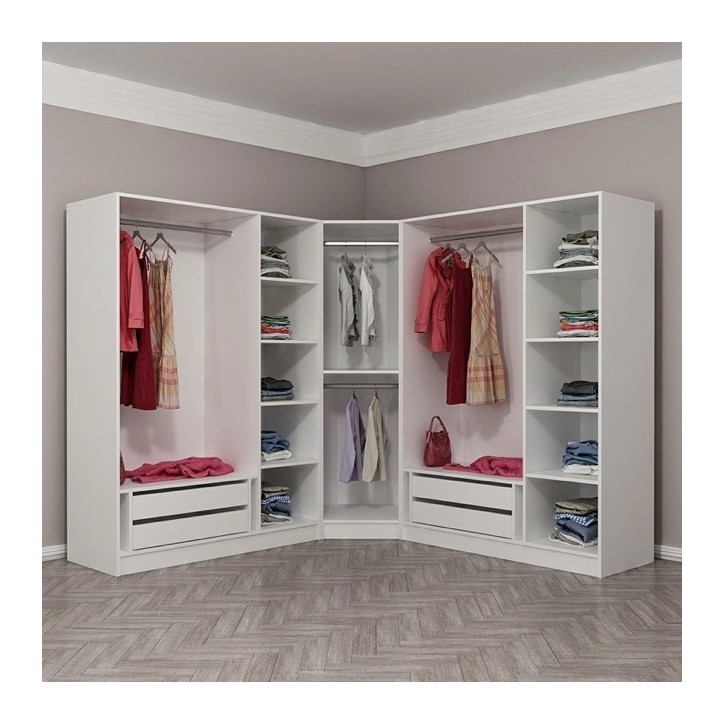 Armoire d'angle avec 7 portes en verre fumé, blanc/noir 440 x 210 cm