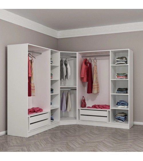 Armoire d'angle avec 7 portes en verre fumé, blanc/noir 440 x 210 cm