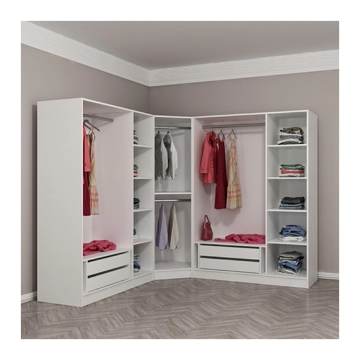 Armoire d'angle avec 7 portes en verre fumé, blanc/noir 440 x 210 cm