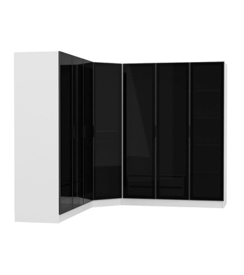 Armoire d'angle avec 7 portes en verre fumé, blanc/noir 440 x 210 cm