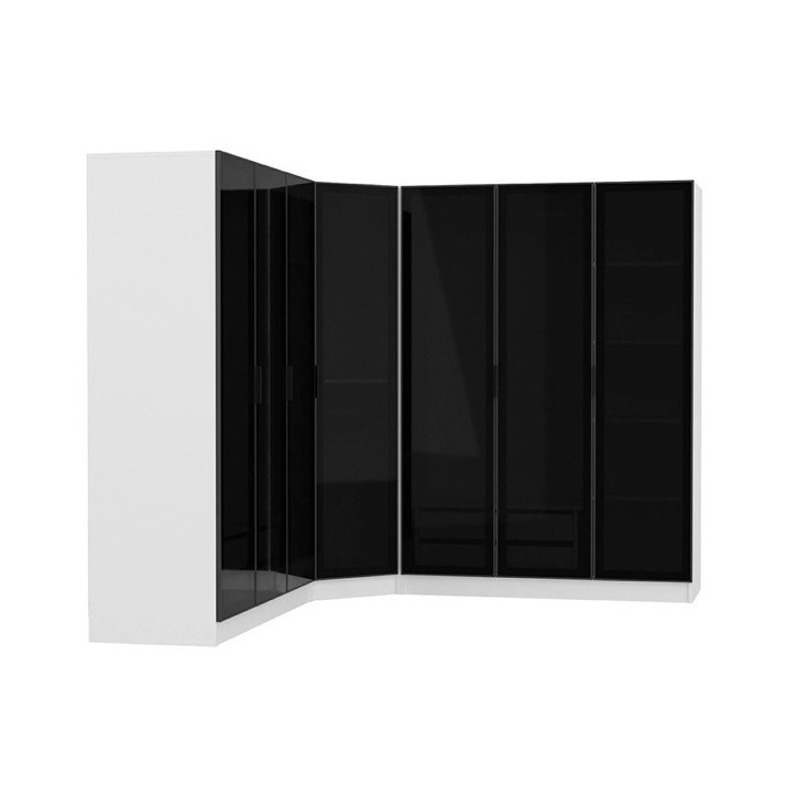 Armoire d'angle avec 7 portes en verre fumé, blanc/noir 440 x 210 cm