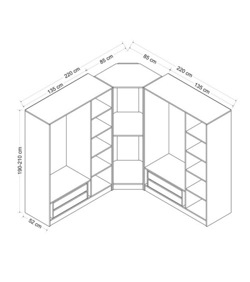 Armoire d'angle avec 7 portes en verre fumé, blanc/noir 440 x 210 cm