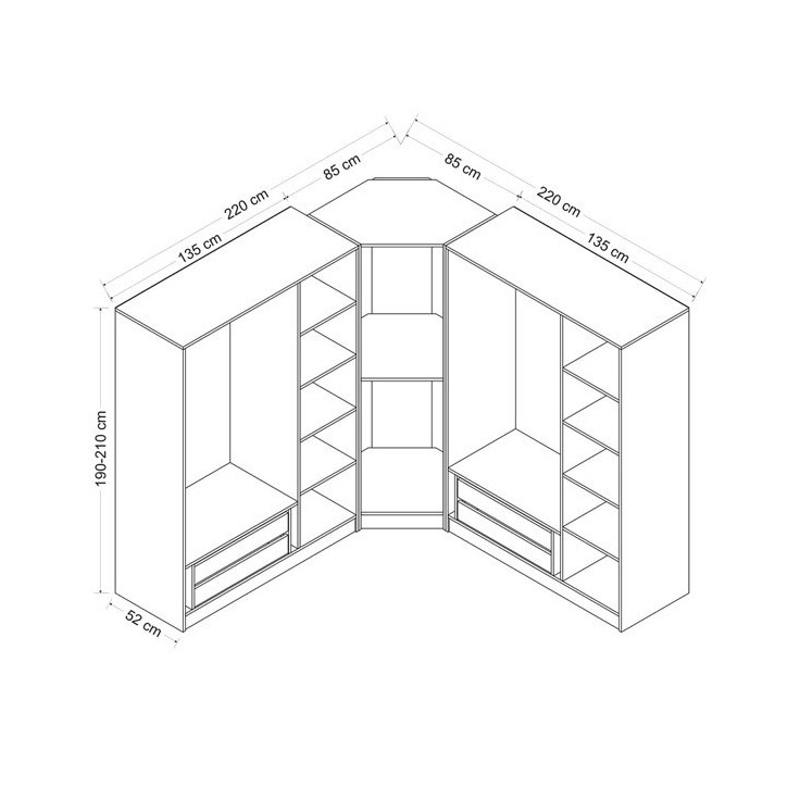 Armoire d'angle avec 7 portes en verre fumé, blanc/noir 440 x 210 cm