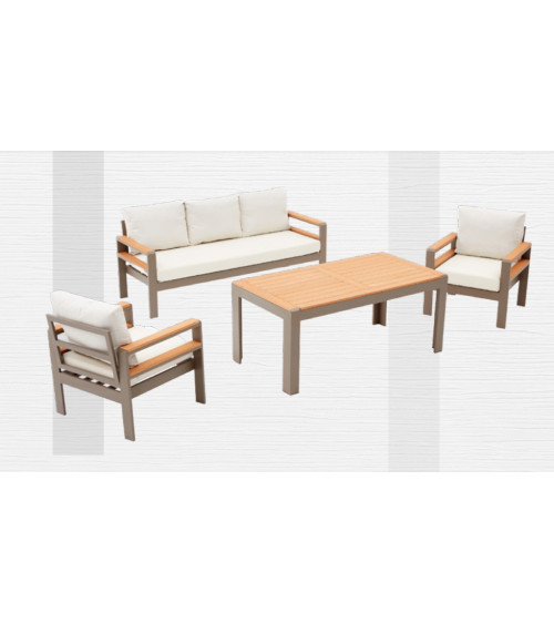 Salotto da giardino Hawaï écru e legno di Iroko