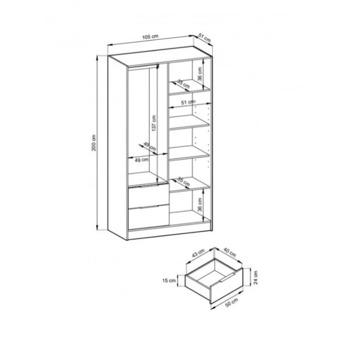 Armoire 2 portes MELODIE 105 cm chêne avec miroir