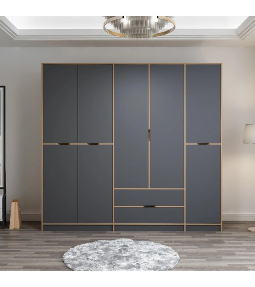 Armoire ELINE 5 portes 232 cm anthracite et doré