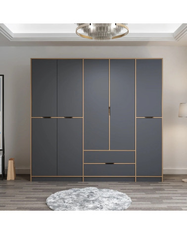 Armoire ELINE 5 portes 232 cm anthracite et doré